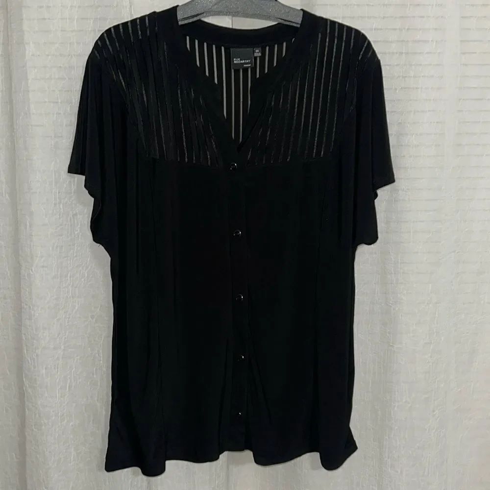ELIE McCARTHY 3X Liquid Jersey Black-Button Blouse Top Stripe Sheer Detail